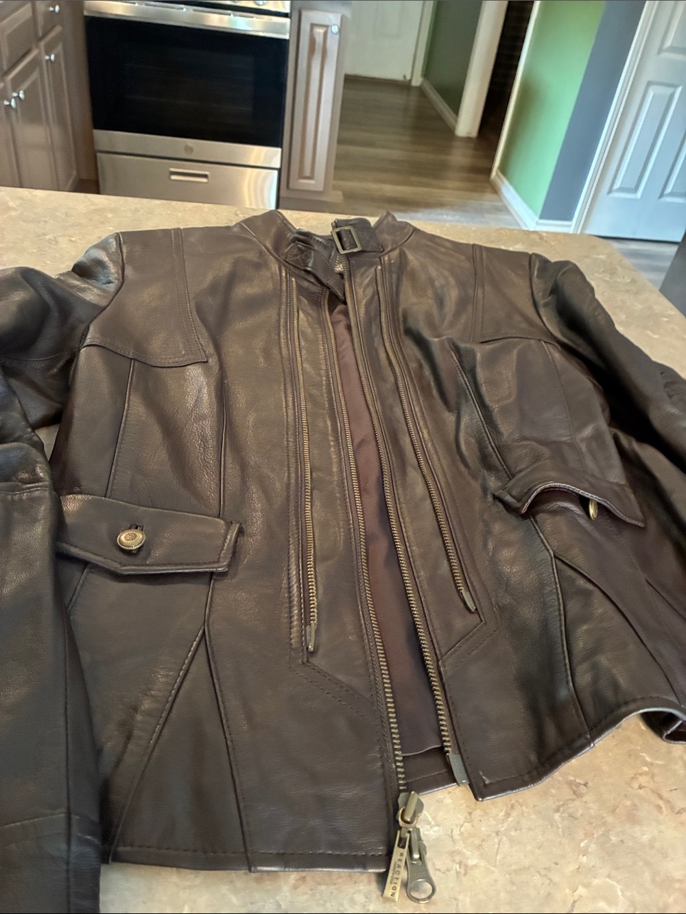 Kenneth Cole Reaction Brown Leather Moto Jacket with Buckle Collar